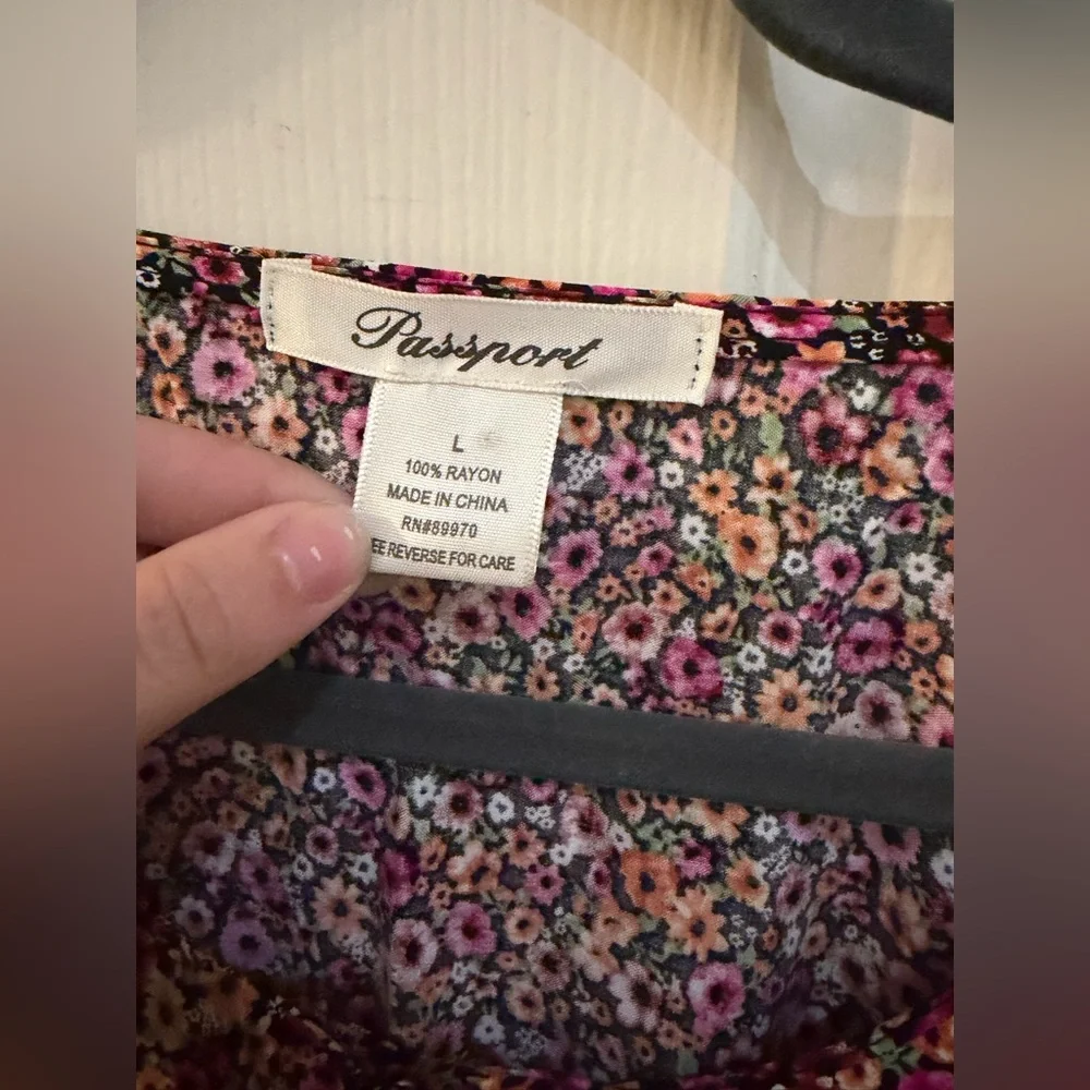Passport Floral Mini Dress Size L Boho Cottagecore Rayon Pink Orange Black - Picture 4 of 8